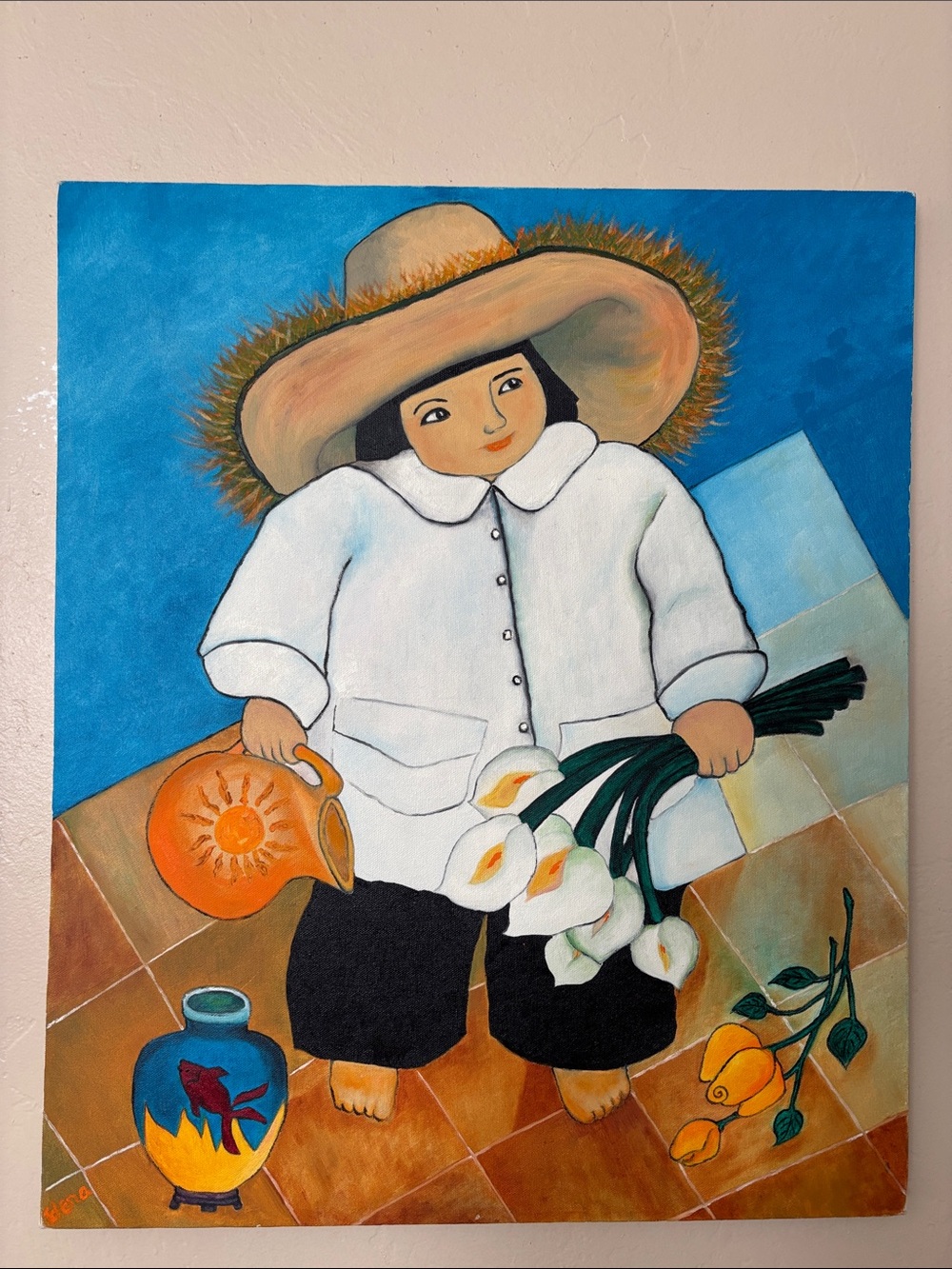 Signed Folk Art Child Portrait w/ Flowers Original Canvas Painting 24”x20”x.75”